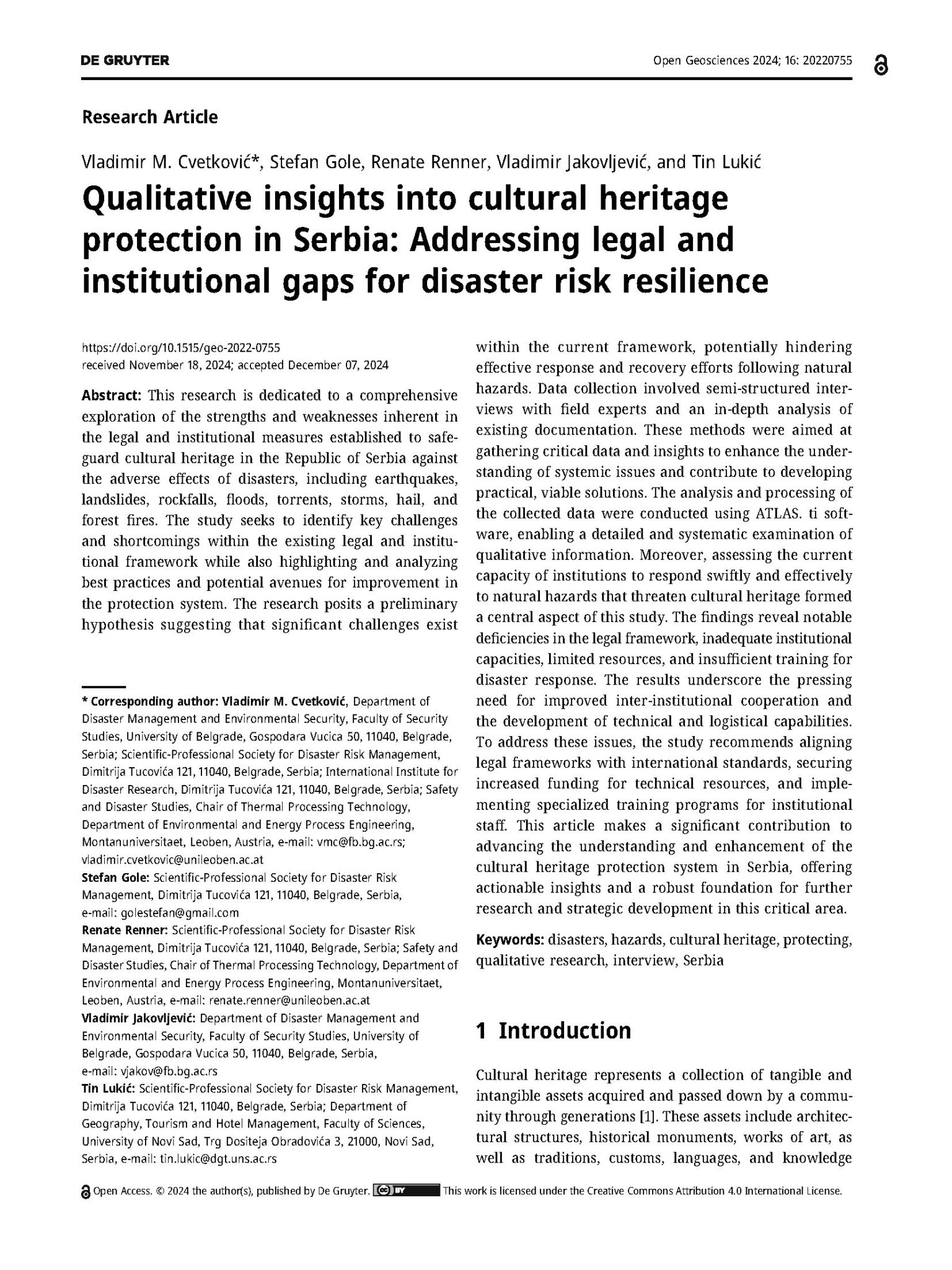 Qualitative insights into cultural heritage protection in Serbia ...