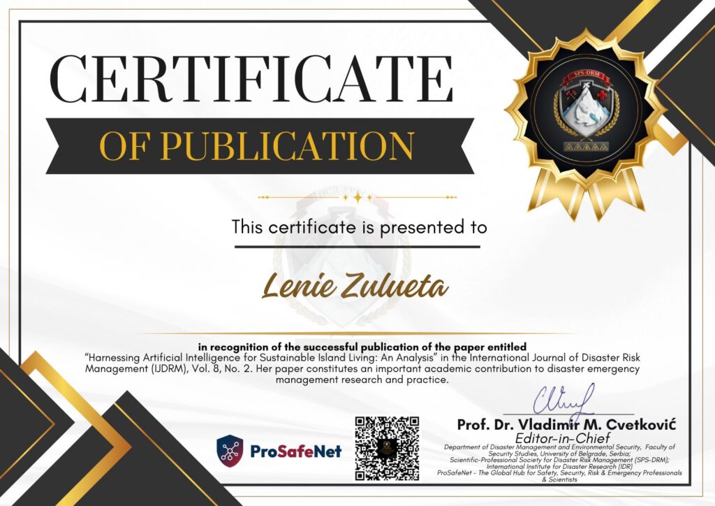 🎓 Certificate of Publication Awarded to Lenie Zulueta Certificate of AUTHORSHIP, International Journal of Disaster Risk Management