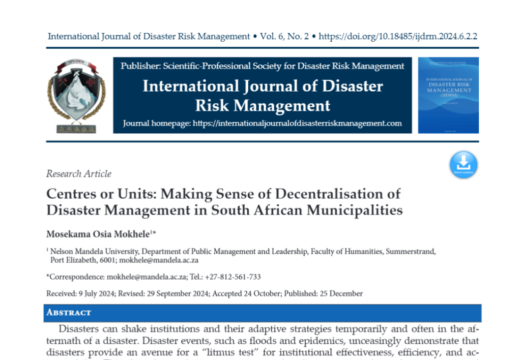 Centres or Units: Making Sense of Decentralisation of Disaster Management in South African Municipalities Screenshot 2026 08 07 183730 Centres or Units: Making Sense of Decentralisation of Disaster Management in South African Municipalities