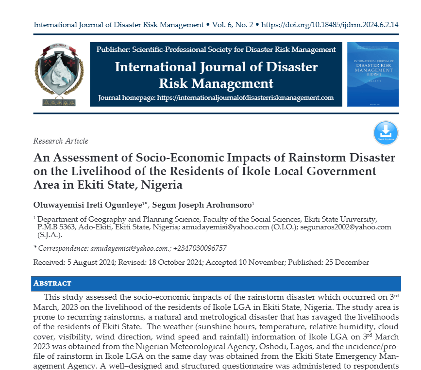 An Assessment of Socio-Economic Impacts of Rainstorm Disaster on the Livelihood of the Residents of Ikole Local Government Area in Ekiti State, Nigeria Screenshot 2026 08 07 191413 An Assessment of Socio-Economic Impacts of Rainstorm Disaster on the Livelihood of the Residents of Ikole Local Government Area in Ekiti State, Nigeria