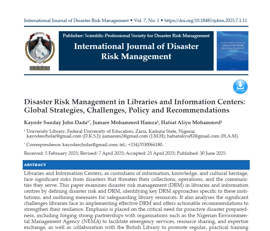 Disaster Risk Management in Libraries and Information Centers: Global Strategies, Challenges, Policy and Recommendations Screenshot 2026 08 08 100651 Disaster Risk Management in Libraries and Information Centers: Global Strategies, Challenges, Policy and Recommendations