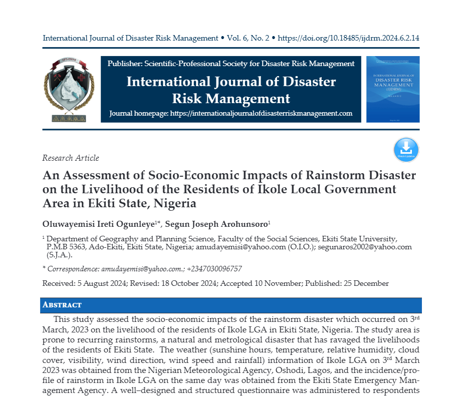 An Assessment of Socio-Economic Impacts of Rainstorm Disaster on the Livelihood of the Residents of Ikole Local Government Area in Ekiti State, Nigeria Screenshot 2026 08 08 100851 An Assessment of Socio-Economic Impacts of Rainstorm Disaster on the Livelihood of the Residents of Ikole Local Government Area in Ekiti State, Nigeria