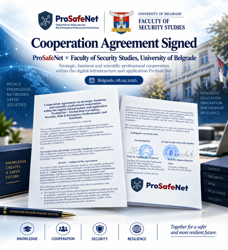We are pleased to announce that ProSafeNet – Global Hub for Safety, Security, Risk & Emergency Professionals and Scientists and the Faculty of Security Studies, University of Belgrade formally established a strategic partnership on 8 September 2026. The agreement was signed by Prof. Dr. Vladimir M. Cvetković, on behalf of ProSafeNet, and Prof. Dr. Mladen Milošević, Dean of the Faculty of Security Studies, on behalf of the Faculty. The cooperation will be developed within the digital infrastructure and ProSafeNet application, with a particular focus on: 🔹 connecting students, academics, researchers, and professionals; 🔹 promoting scientific results, projects, events, and professional opportunities; 🔹 developing educational and professional content; 🔹 strengthening alumni engagement and professional communities; 🔹 joint participation in projects, conferences, and international initiatives; 🔹 enhancing cooperation between academia, public institutions, the private sector, and civil society in the fields of safety, security, risk management, and emergency management. This partnership represents another important step toward building stronger links between science, education, technology, and professional practice. Knowledge. Cooperation. Security. Resilience. 🌐 ProSafeNet – connecting people, knowledge, and solutions for a safer and more resilient future.